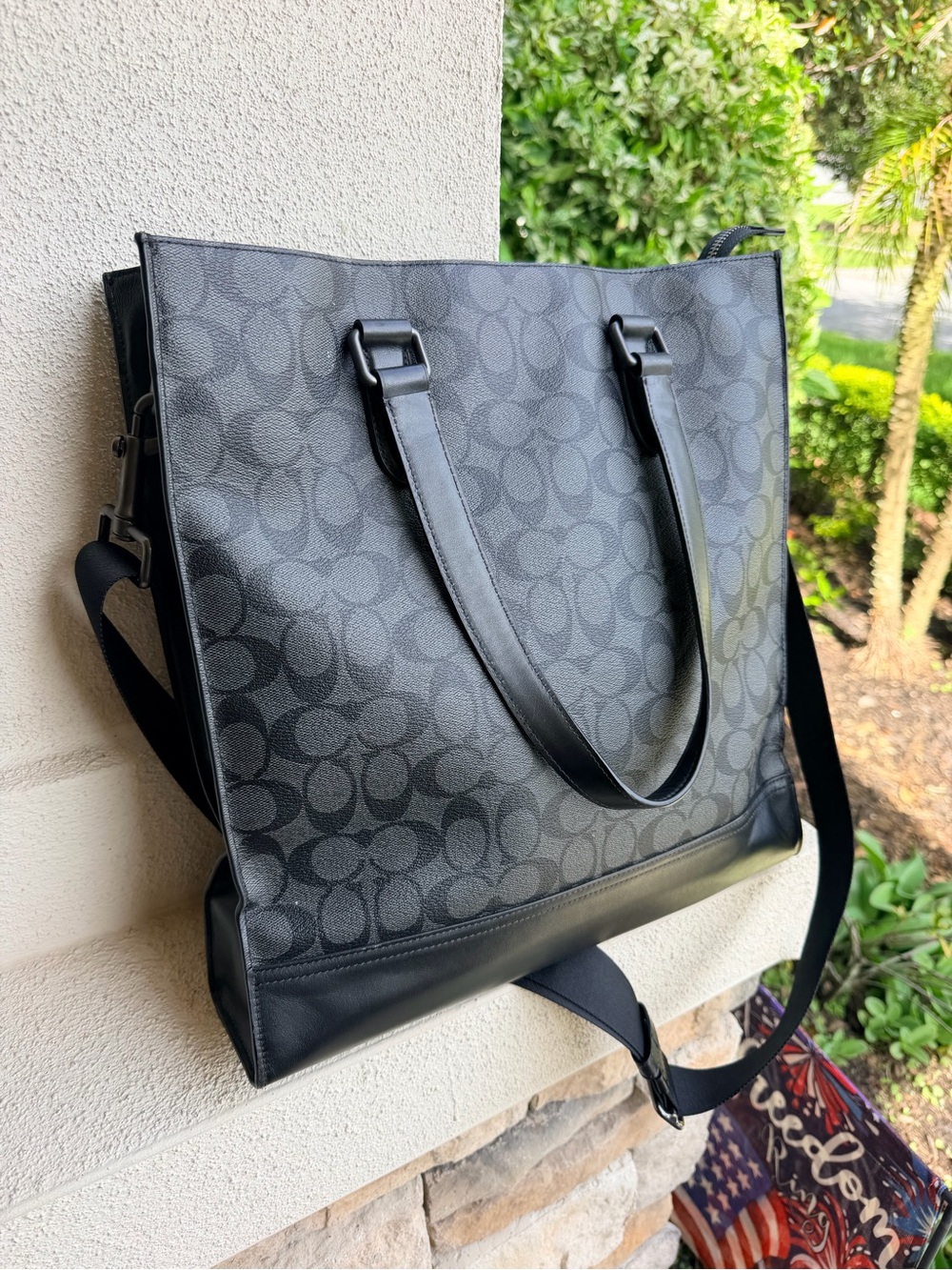 Coach C9442 Large Tote Black Signature Canvas Leather Crossbody Bag $398 - Picture 6 of 13